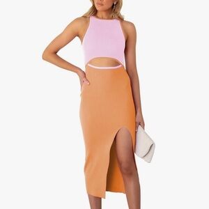 Orange & Pink Midi Cut Out Bodycon Midi Dress